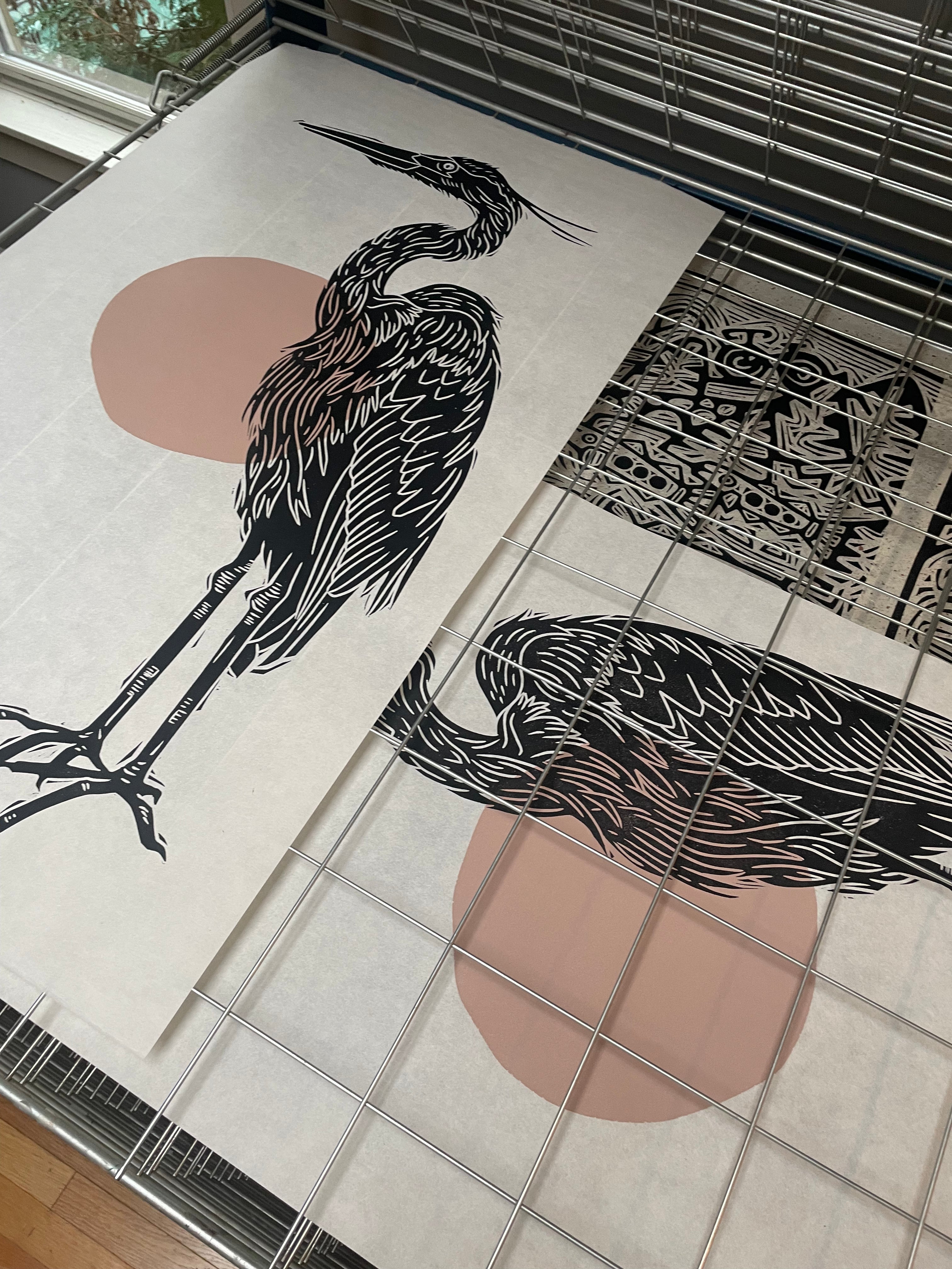 Mauve Heron Woodblock Print